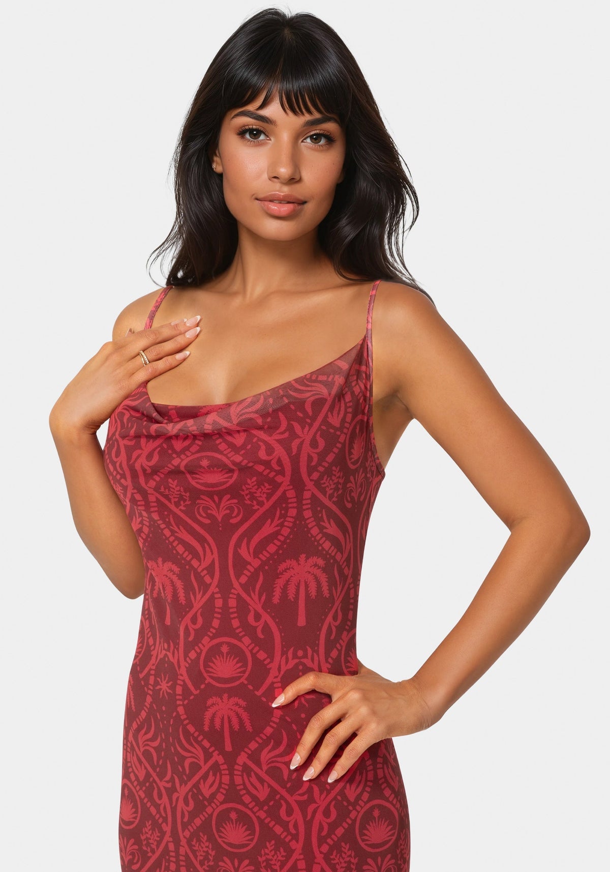 Printed Mesh Cowl Gown Merlot - bebe