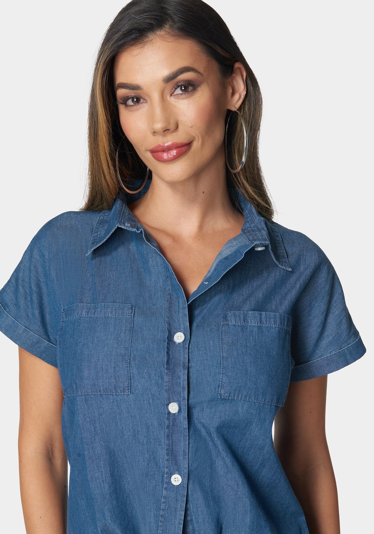 The Tie Front Denim Shirt Medium Wash - bebe