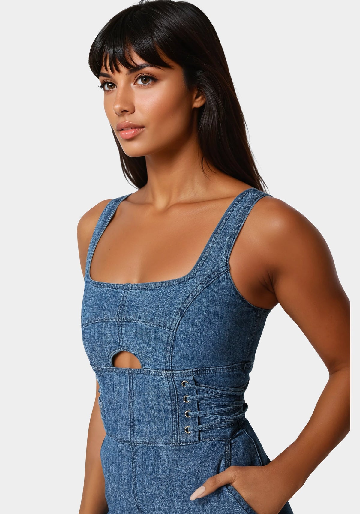 Lace Up Wide Leg Denim Jumpsuit Medium Blue Wash - bebe