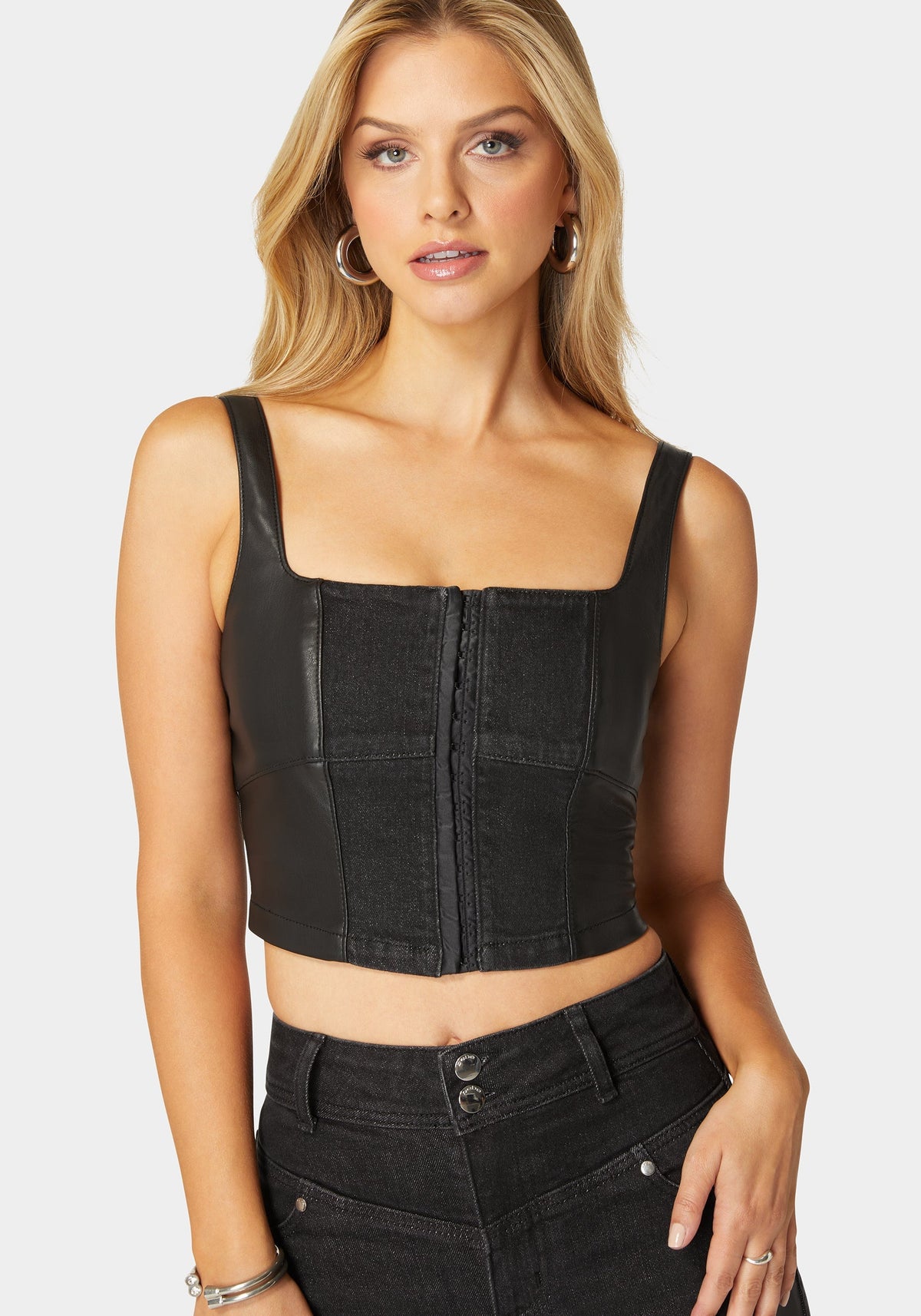Eyelet Front Combo Vegan Leather Denim Corset Washed Out Black/Black - bebe