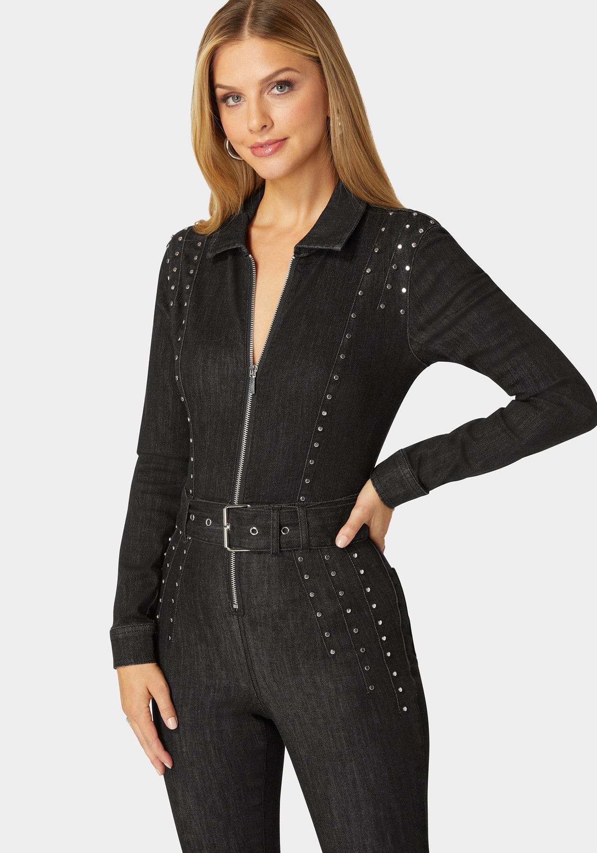 Skinny Studded Zip Up Front Denim Jumpsuit Washed Out Black - bebe