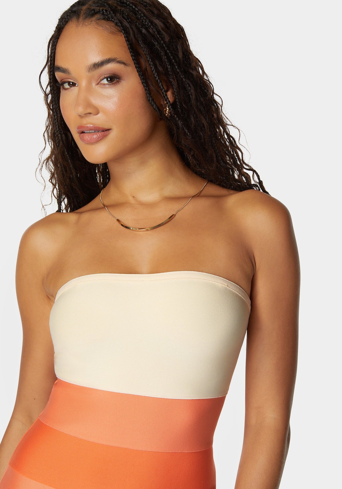 Strapless Colorblock Bandage Midi Peach Multi - bebe Peachmul - bebe