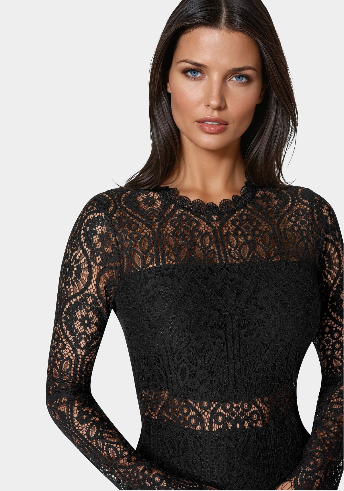 Bandeau Scallop Lace Pencil Dress Black - bebe