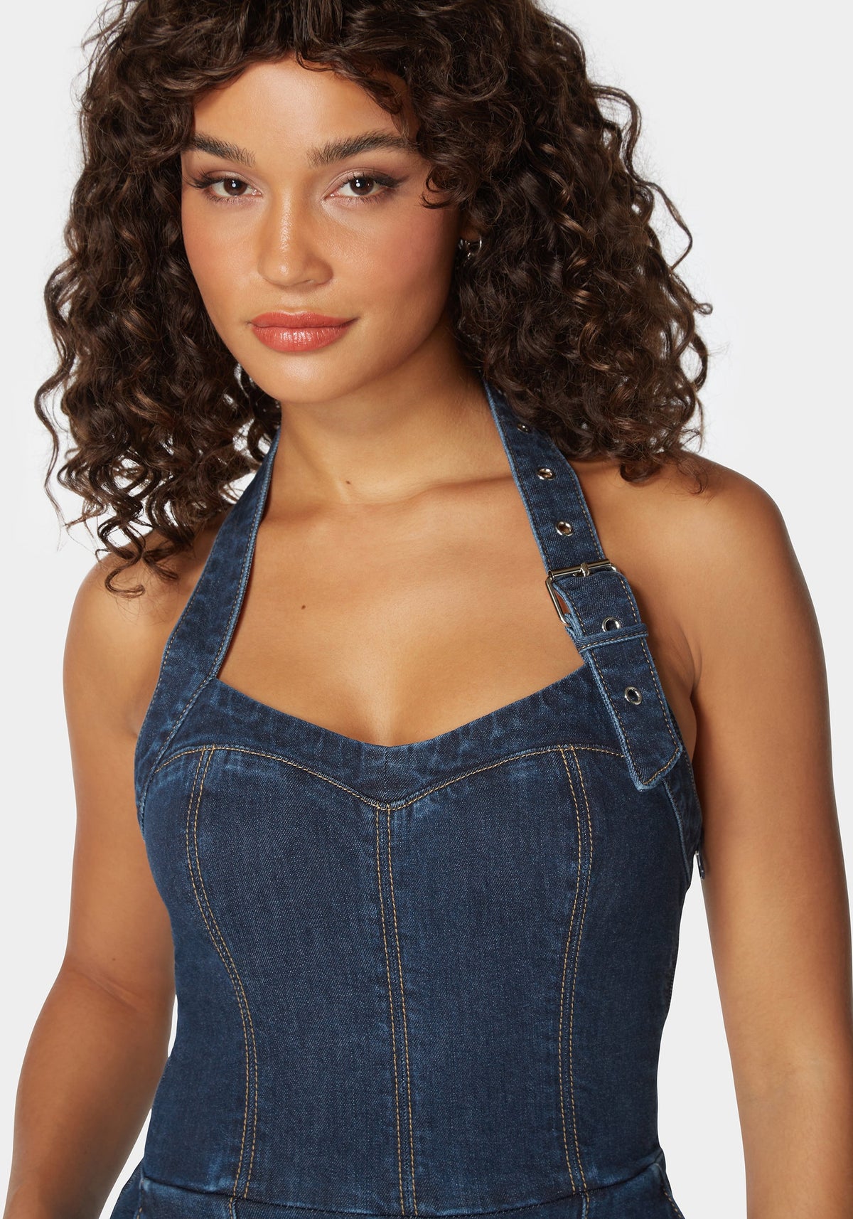 Halter Neck Buckle Detail Wide Leg Denim Jumpsuit Dark Blue Wash - bebe