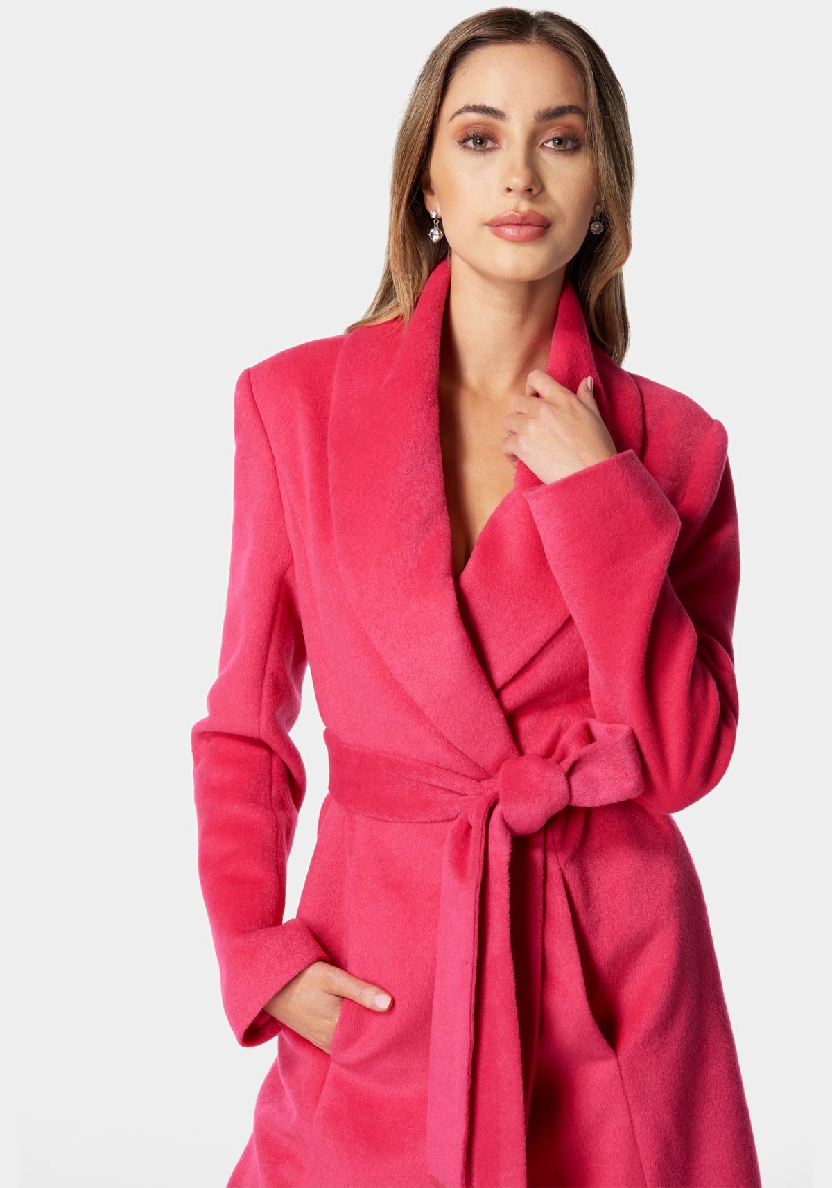 Wool Blended Shawl Collar Wrap Coat Raspberry Sorbet - bebe