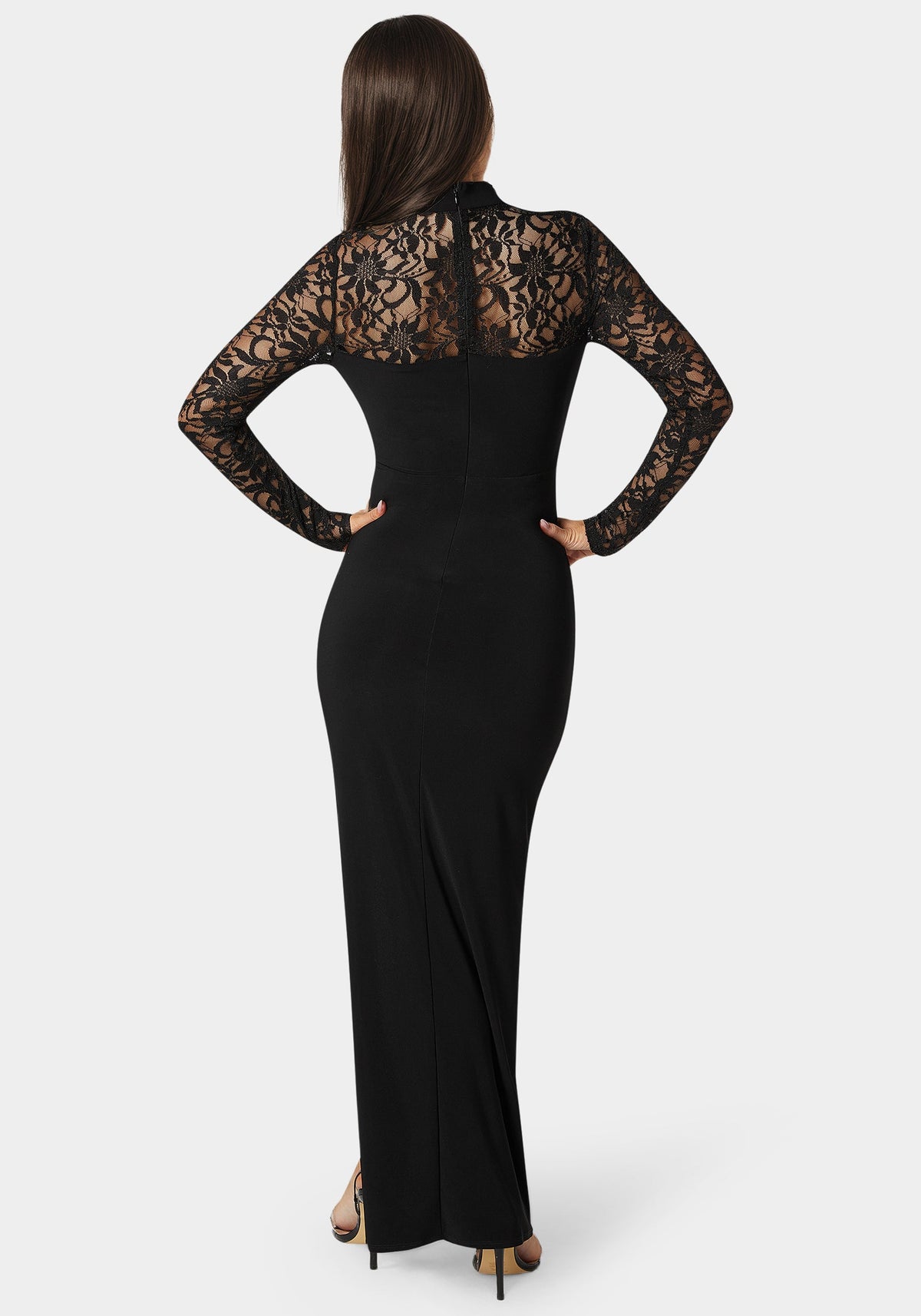 Mock Neck Lace Bodice Maxi Dress Black - bebe