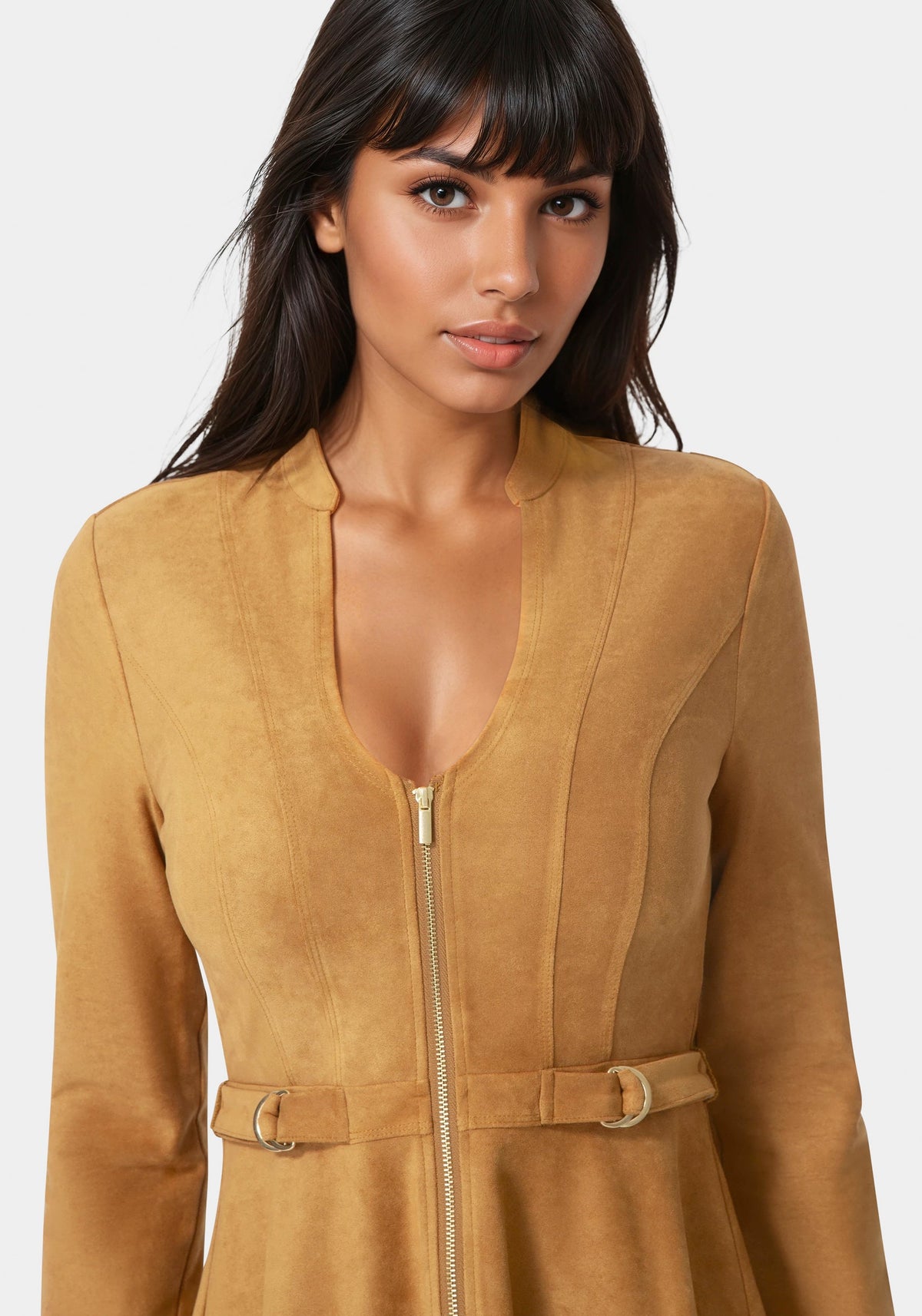 Fit and Flare Long Sleeve Suede Mini Dress Camel - bebe