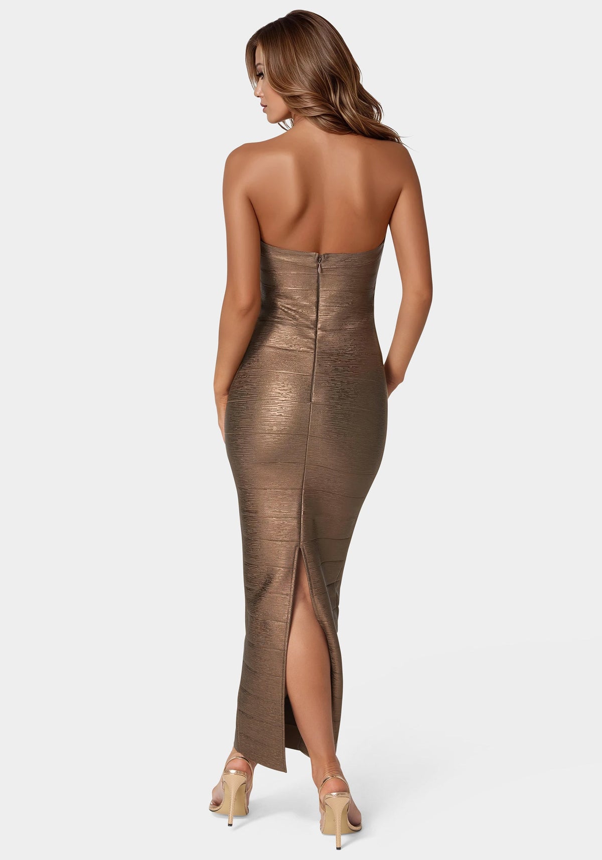Bandage Strapless Foil Maxi Dress Mocha - bebe Mocha - bebe