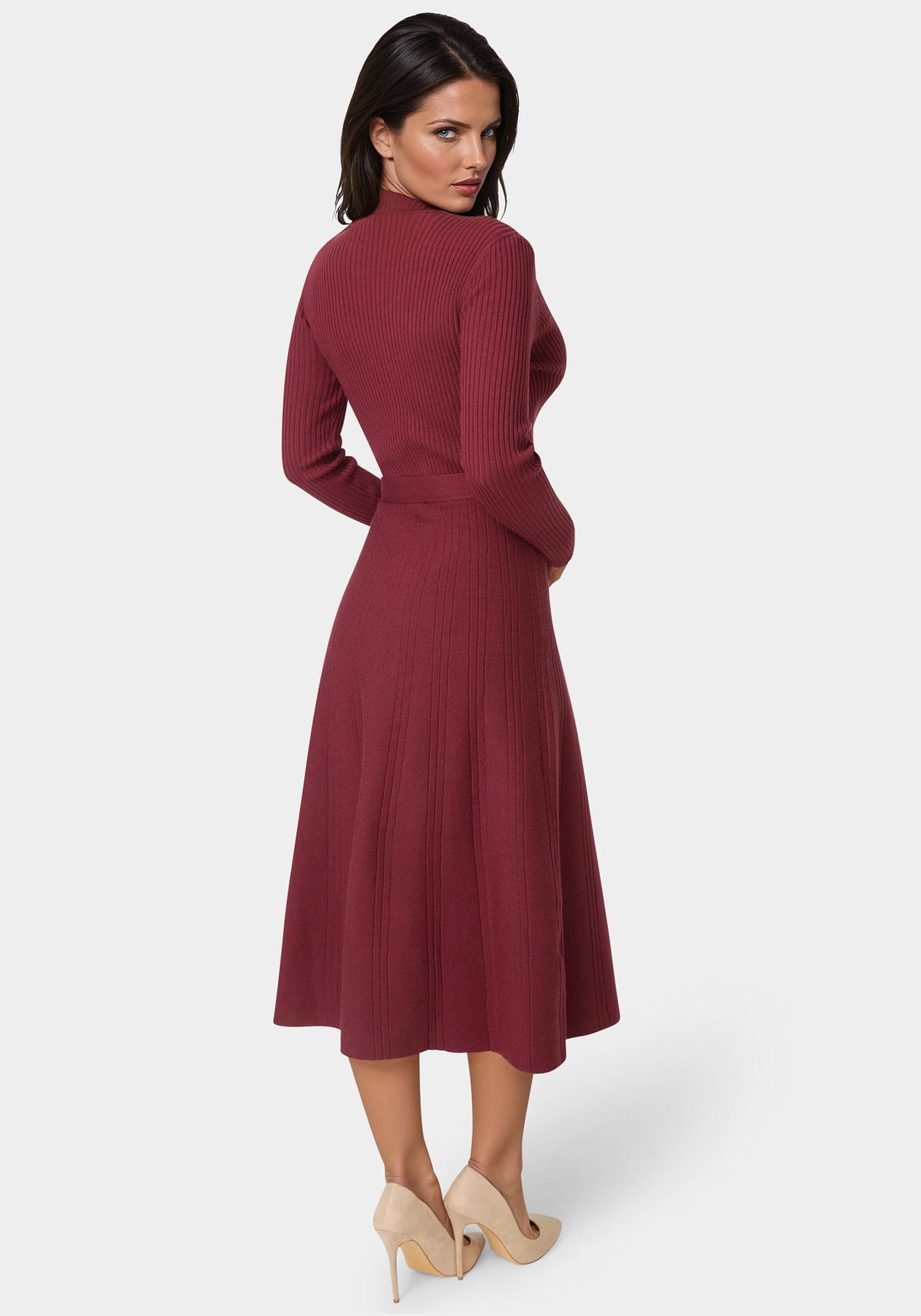 Fit and Flare Midi Sweater Dress Wine - bebe