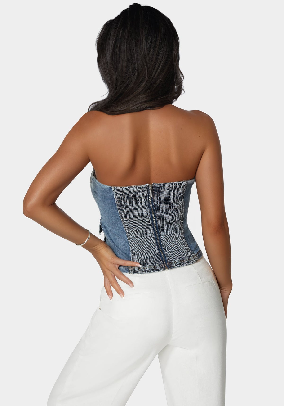 Zipper And Cargo Detail Denim Top Medium Blue Wash - bebe