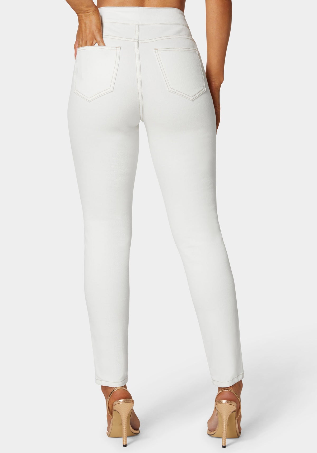 Natural Waist Tab Detail Skinny Jeans Soft White Wash - bebe
