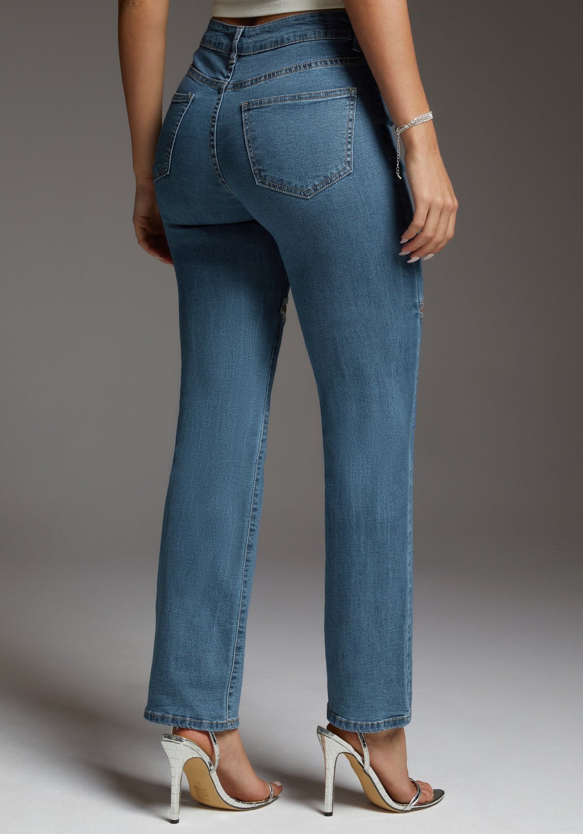 The Bling Slit Jean Medium Blue - bebe