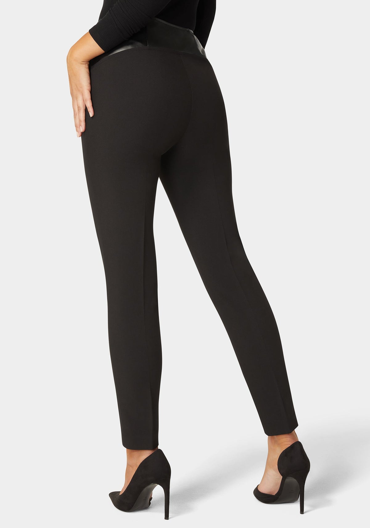 High Waist Vegan Leather Yoke Woven Twill Slim Leg Pant Black - bebe
