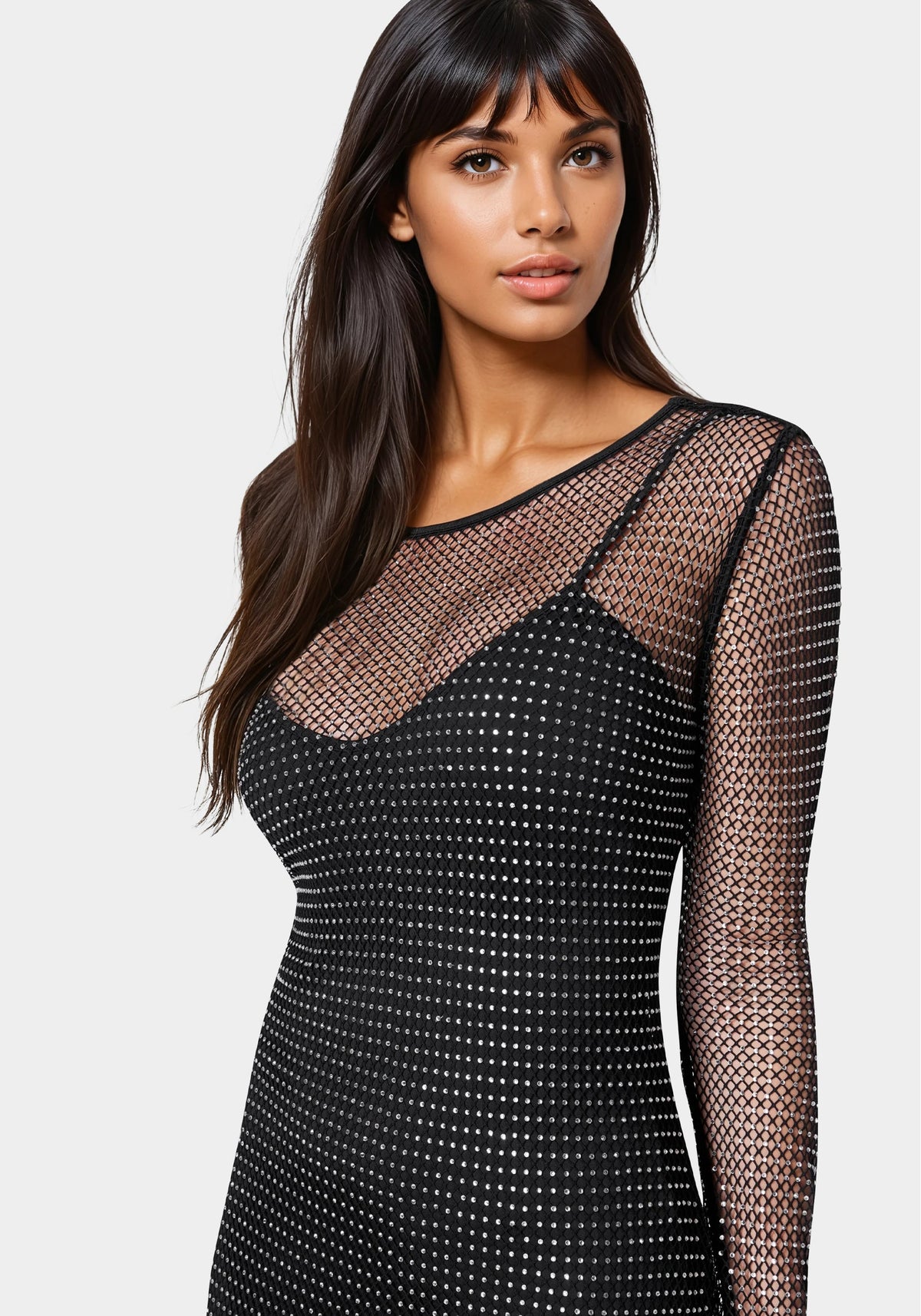 Diamante Crystal Mesh Mini Dress Jet Black - bebe