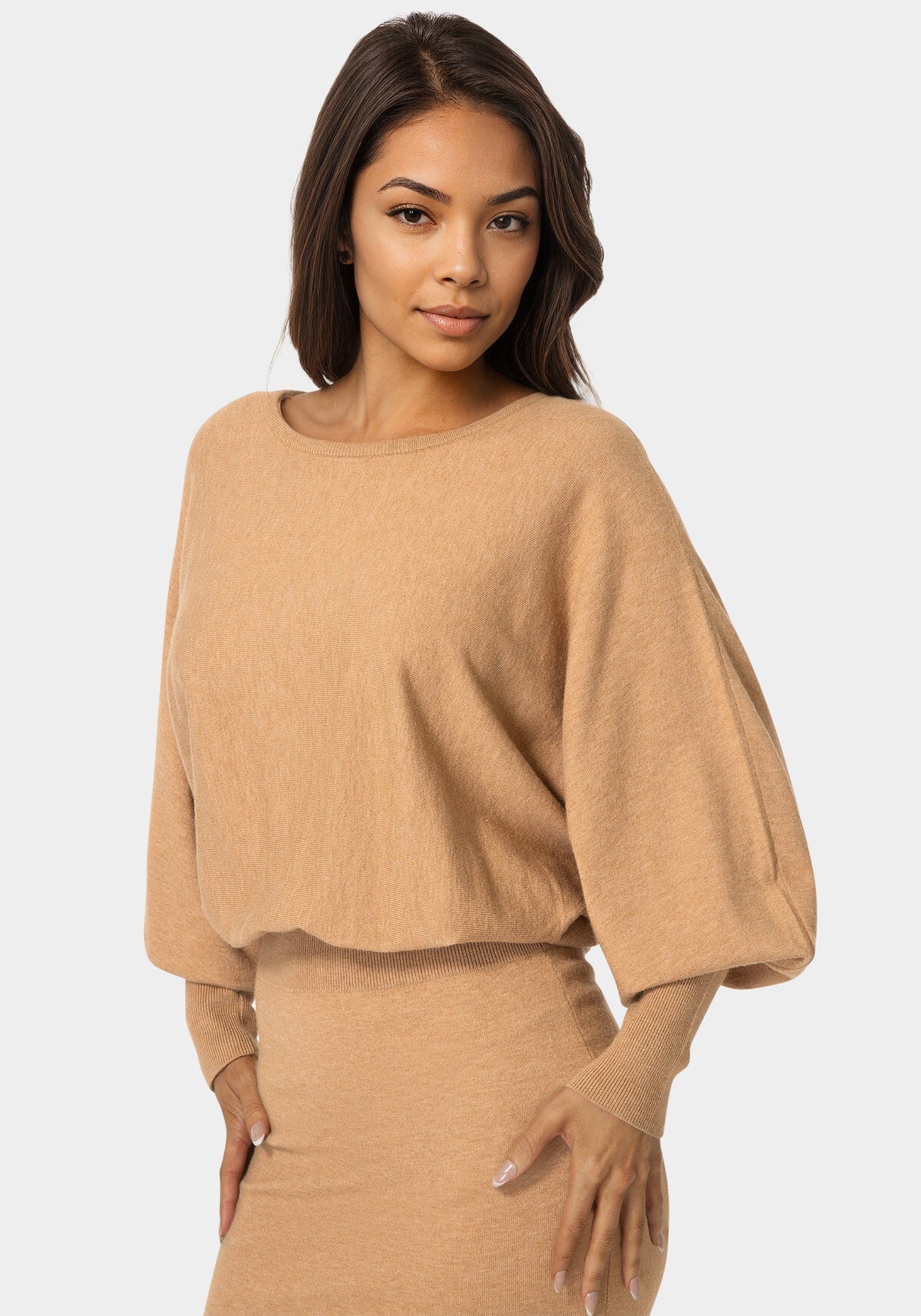 Scoop Neck Blouson Sweater Midi Dress Camel - bebe