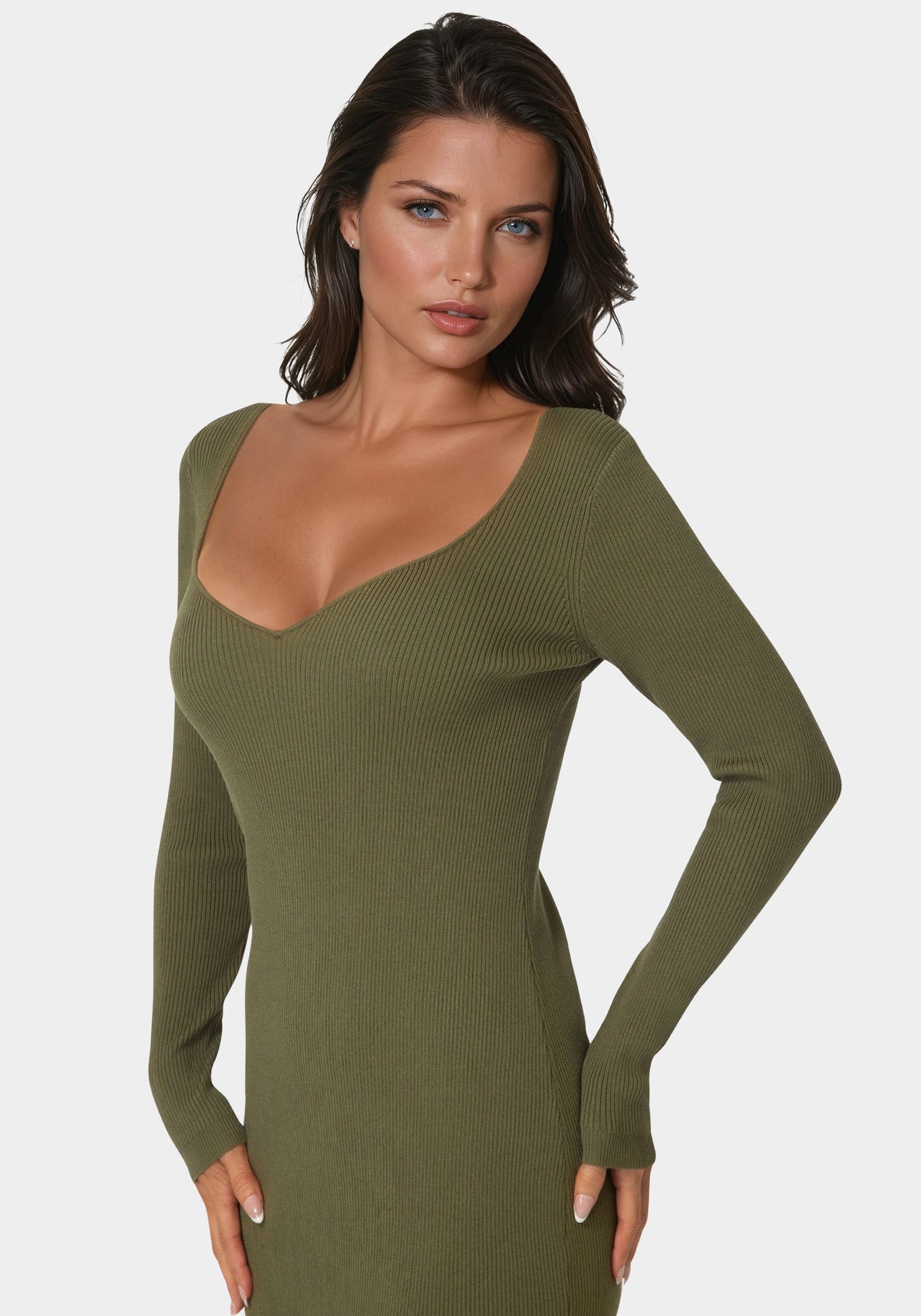 Long Sleeve V-Neck Midi Sweater Dress Olive - bebe