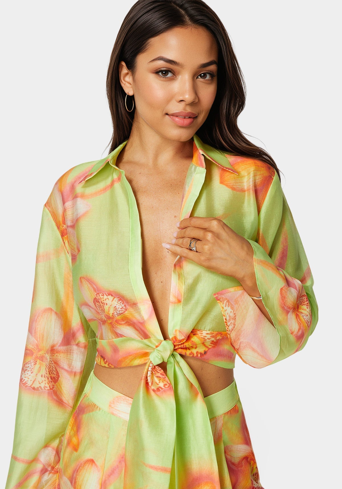 Front Tie Flowy Blouse Orchid Splash Print - bebe Orchid Splash Print - bebe