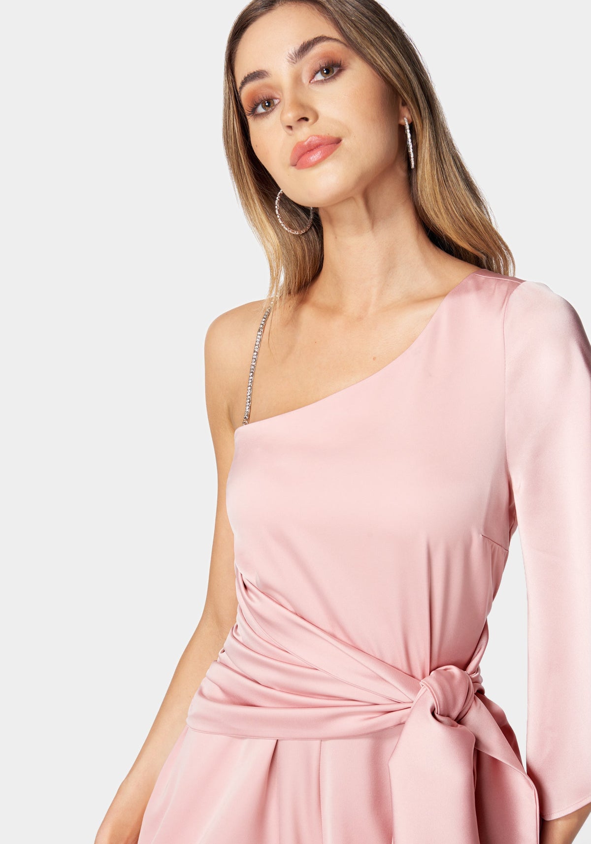 Asymmetric Sleeve Rhinestone Strap Satin Romper Peony - bebe
