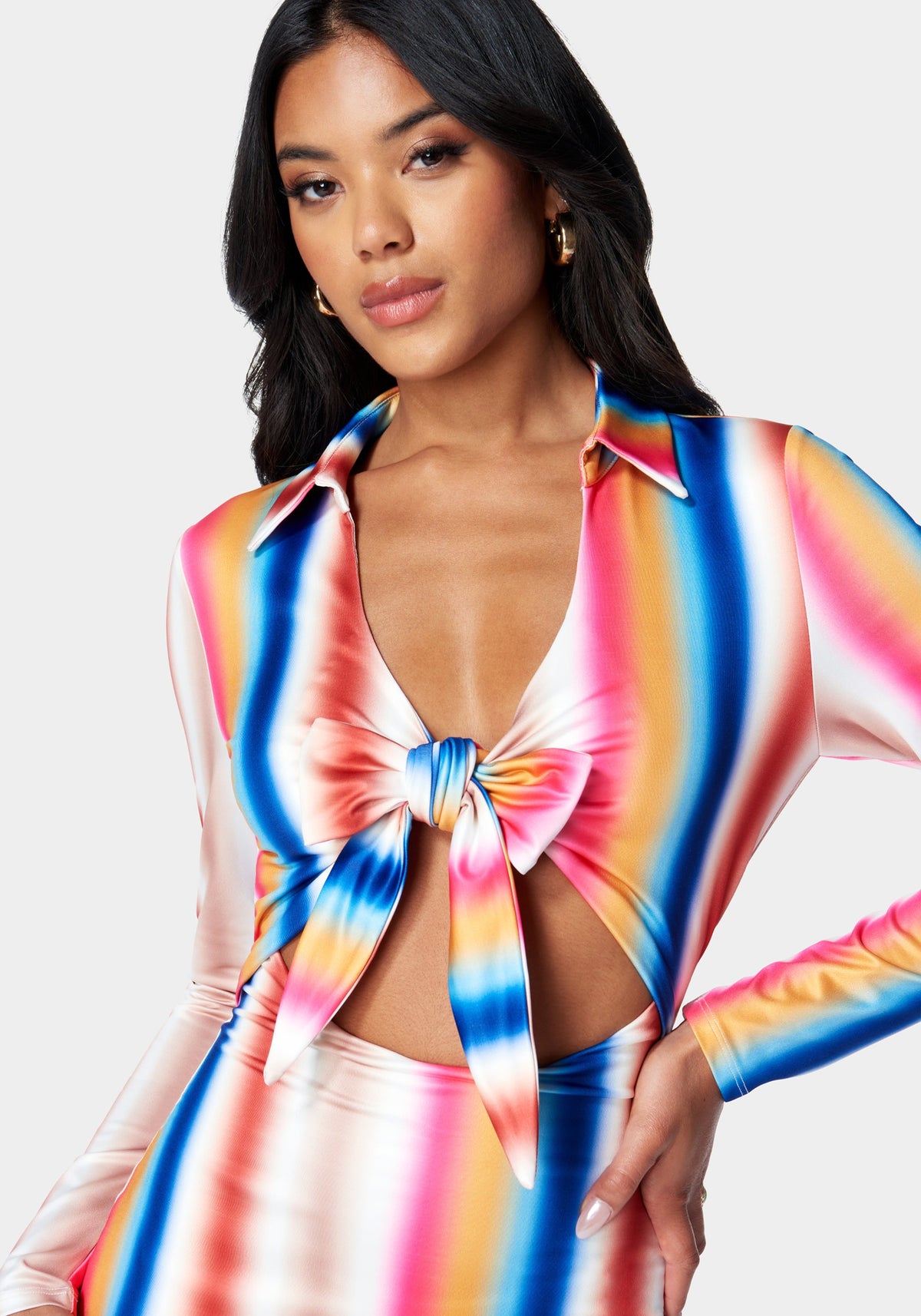 Printed Tie Front Mini Dress Ibiza Sunset - bebe