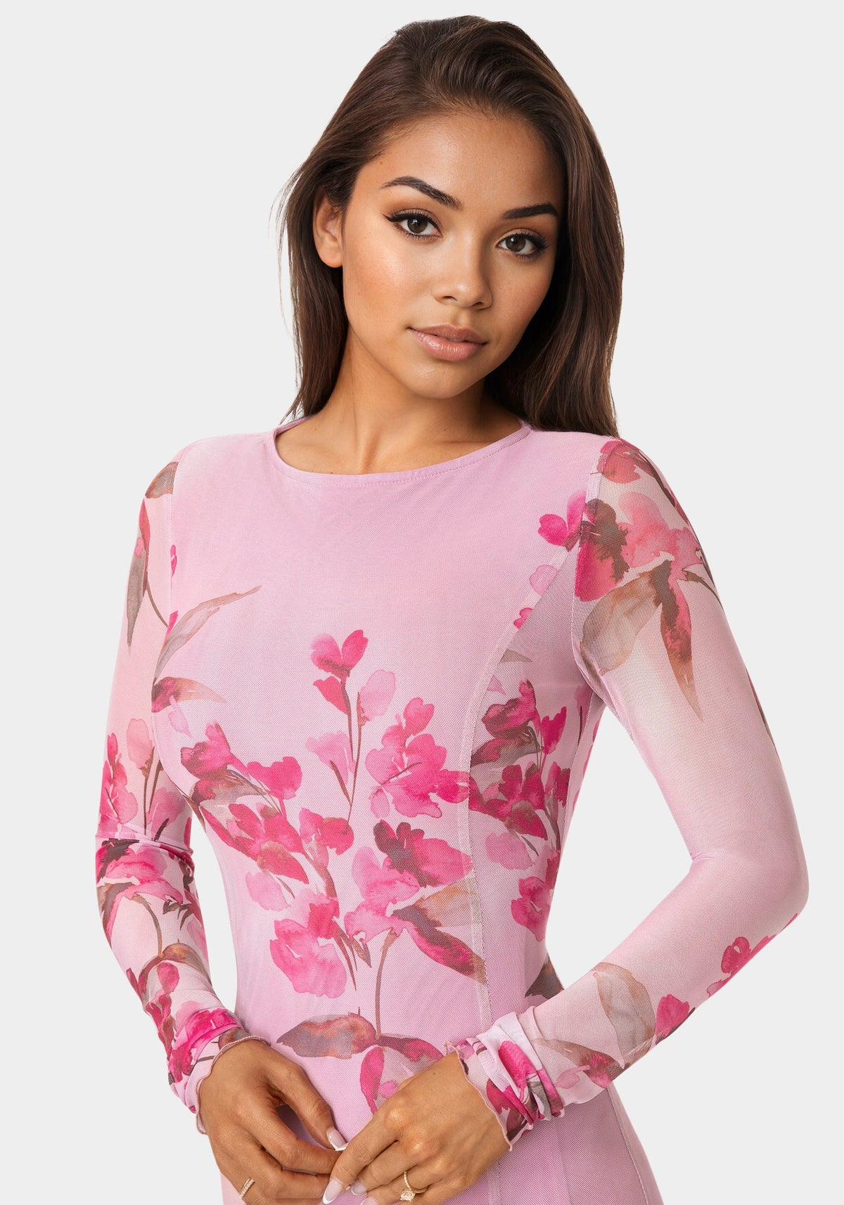 Long Sleeve Powermesh Dress Pink Multi - bebe