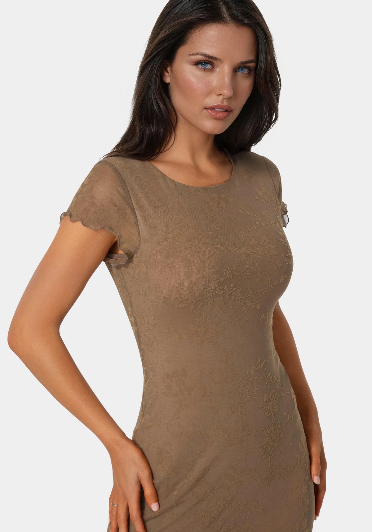 Flocking Mesh T-Shirt Maxi Dress Mocha - bebe