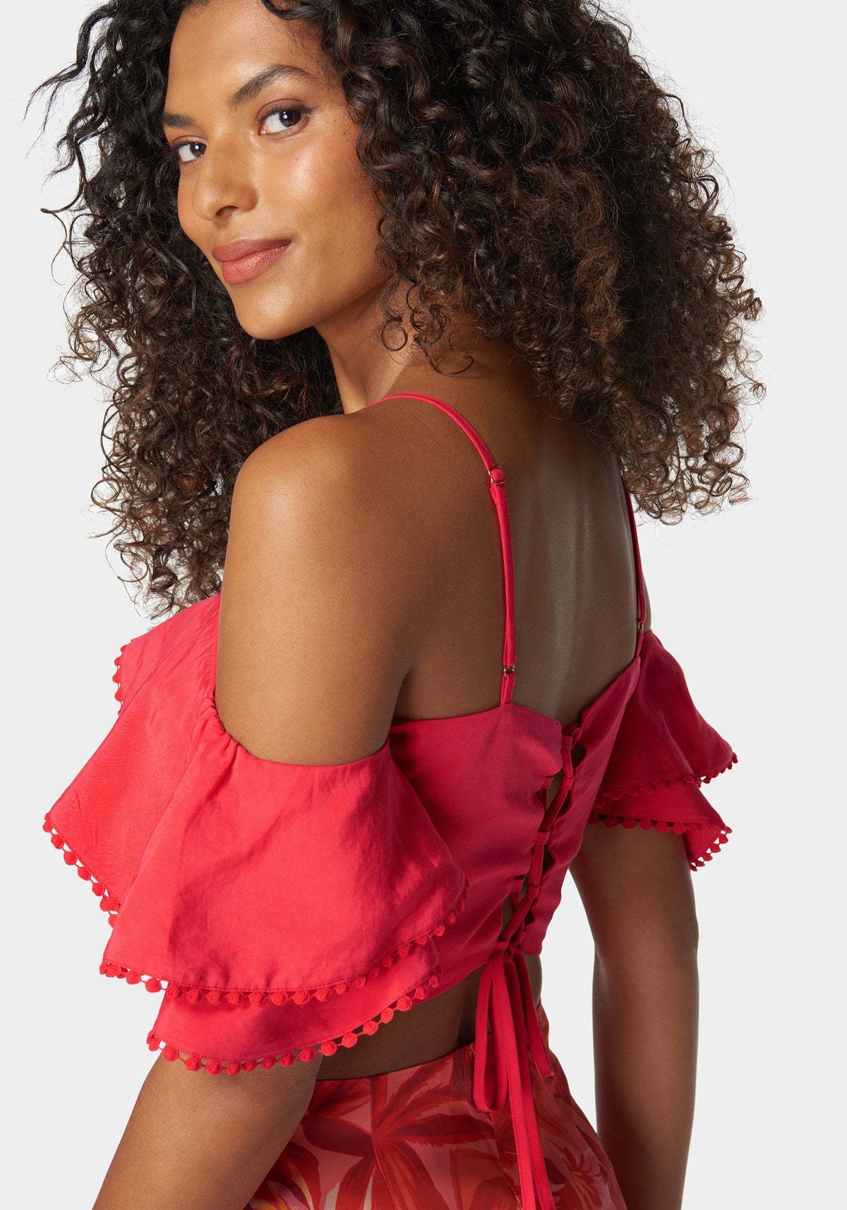 Tie Back Ruffle Trim Detail Top Hibiscus - bebe