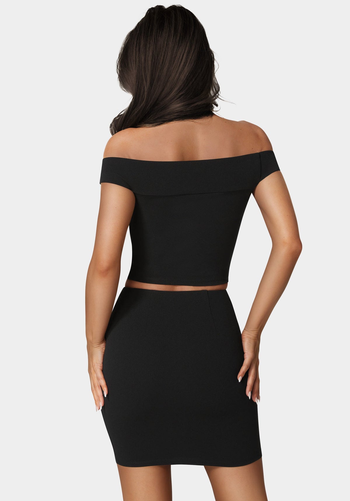 Off Shoulder Metal Trim Top And Skirt Black - bebe