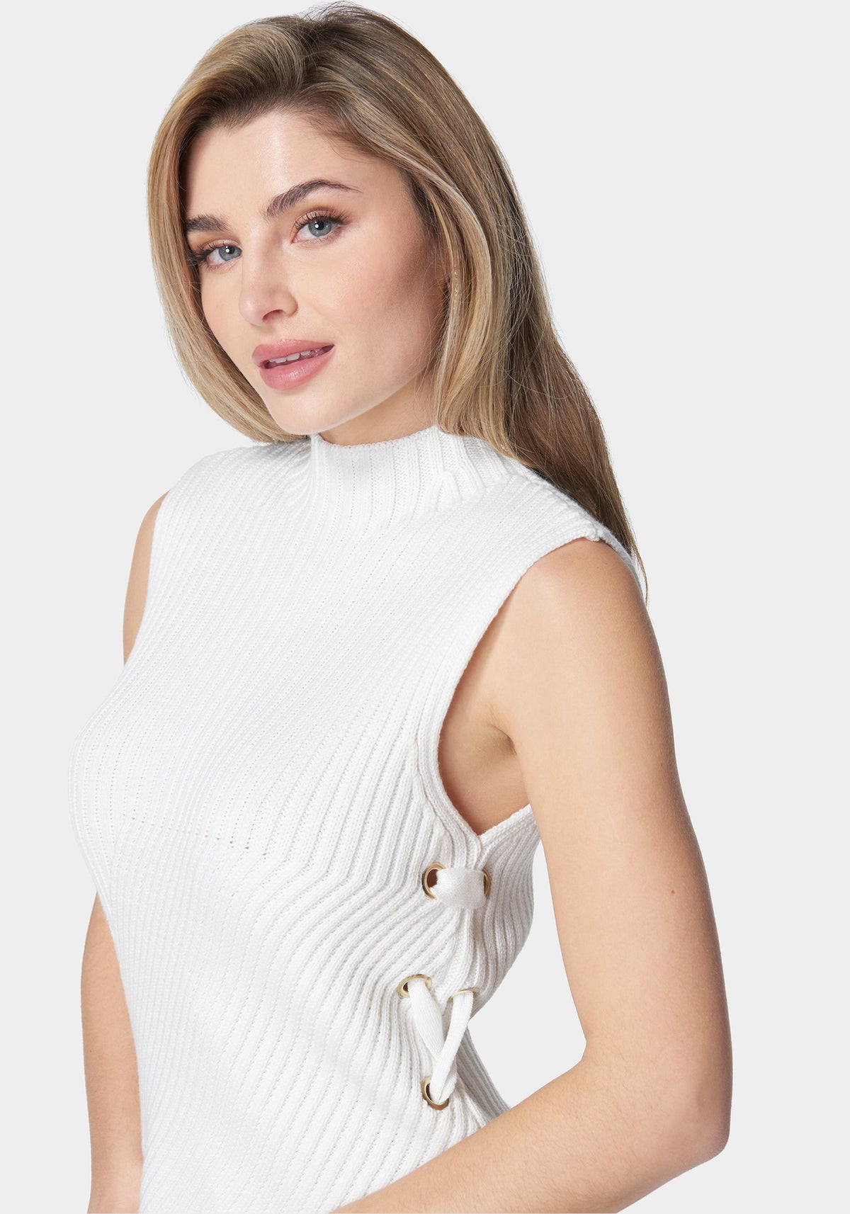 Wool Blend Side Lace Up Sleeveless Sweater Top White Alyssum - bebe