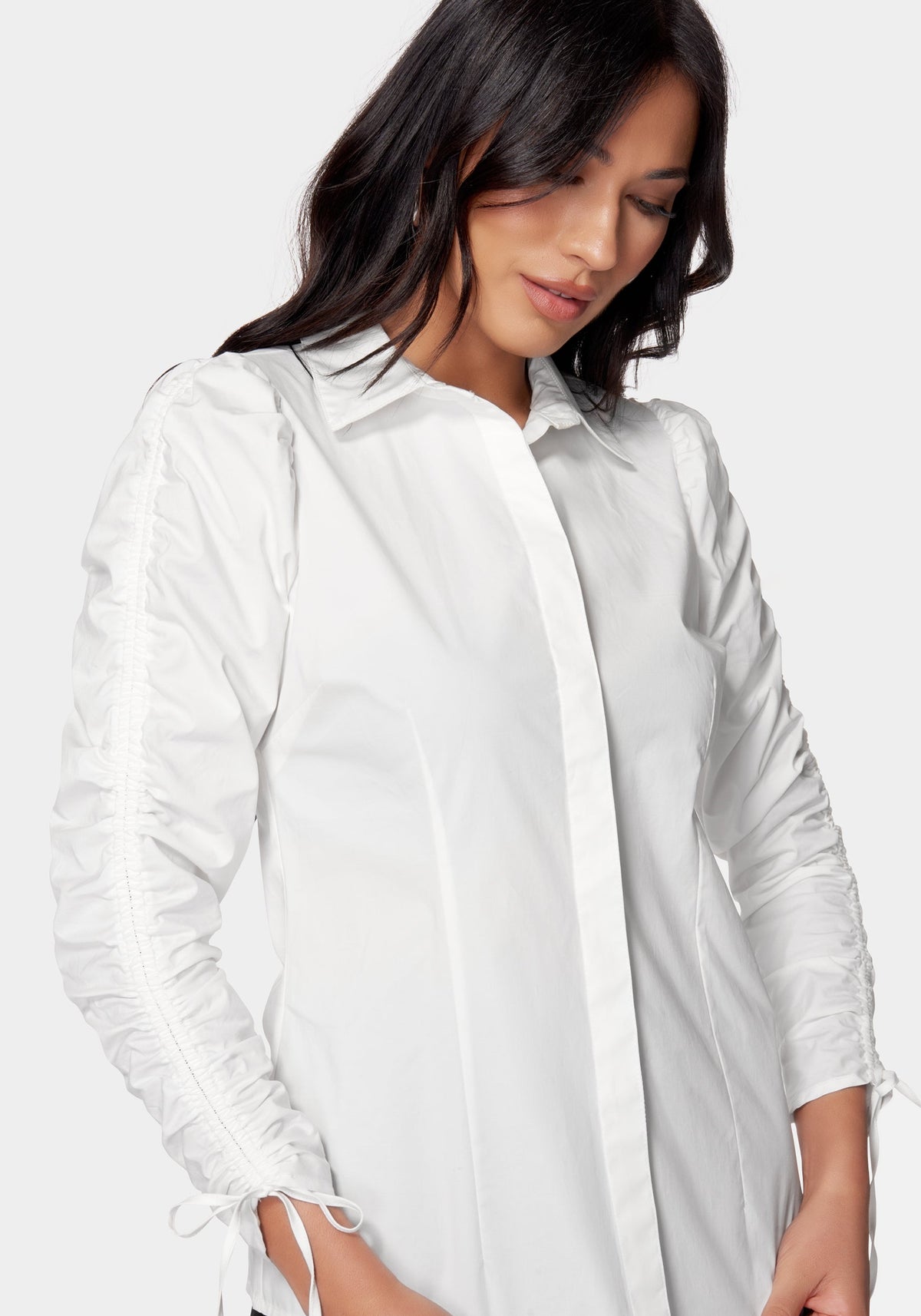 Ruched Sleeve Poplin Shirt White Alyssum - bebe