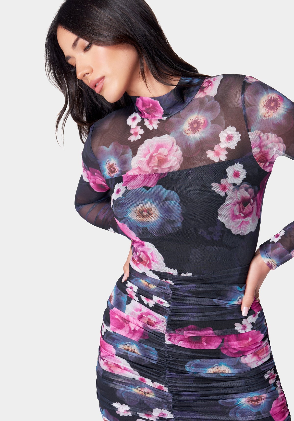 Printed Ruched Mesh Midi Dress French Floral - bebe French Floral - bebe