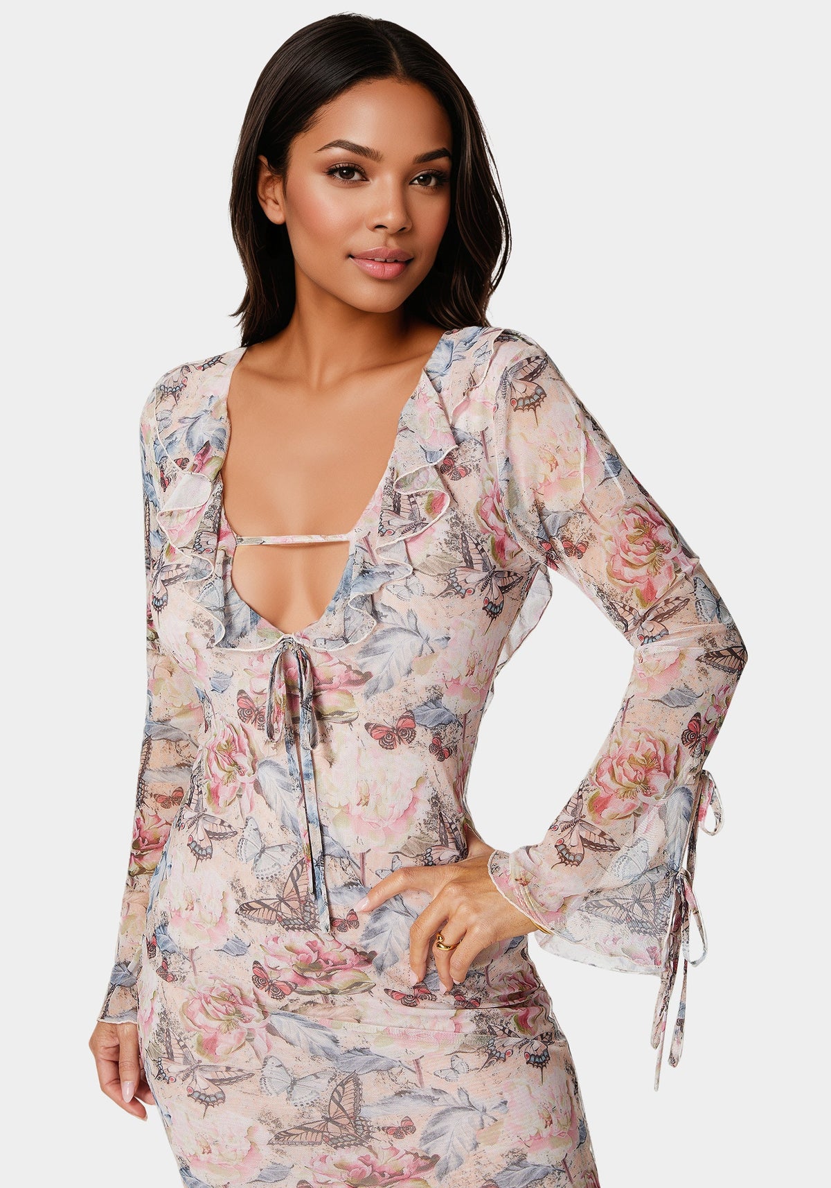 Ruffle Detail Mesh Maxi Dress Pink - bebe
