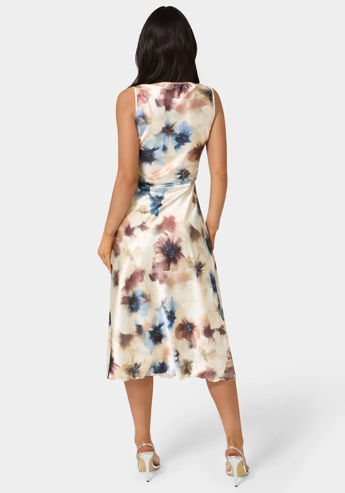 Printed Satin Cowl Maxi Dress Tan - bebe