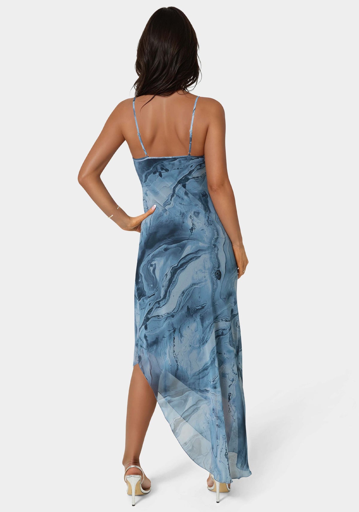 Printed Chiffon Cowl Asymmetrical Maxi Dress Navy Multi - bebe
