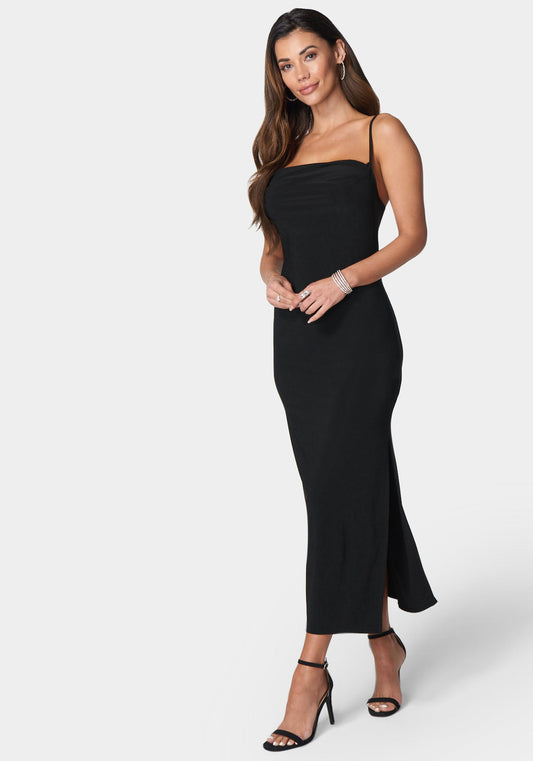 Cowl Neck Spaghetti Strap Slit Maxi Black - bebe Black - bebe
