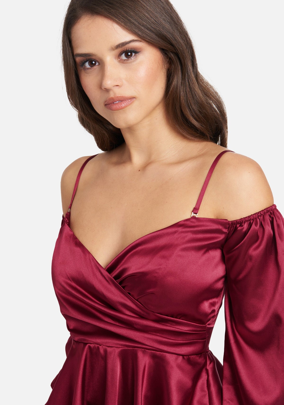 Asymmetrical Peplum Hammered Satin Blouse Rhubarb - bebe