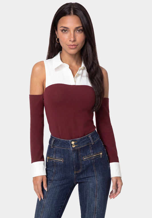 Shirting Look Bodysuit Dark Cherry/White - bebe