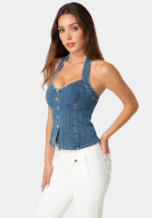 Halter Denim Top Iconic Blue Wash - bebe