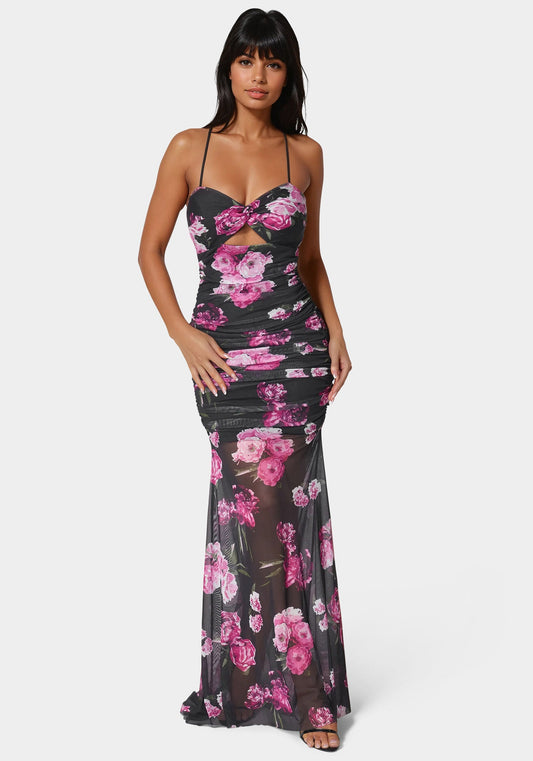 Twist Front Mermaid Mesh Gown Lavender Mystique - bebe