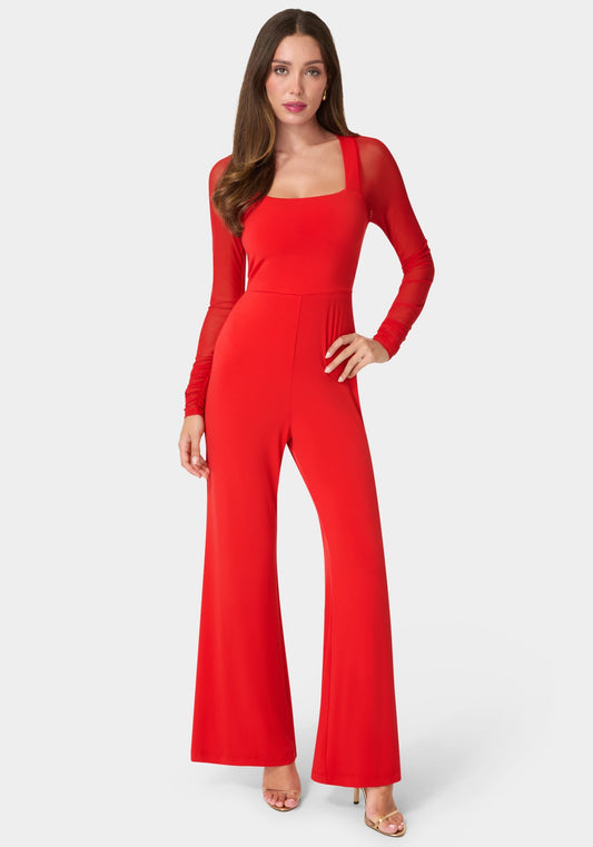 Mesh Long Sleeve Jumpsuit Red - bebe