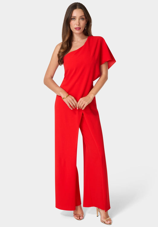 One Shoulder Cape Jumpsuit Red - bebe