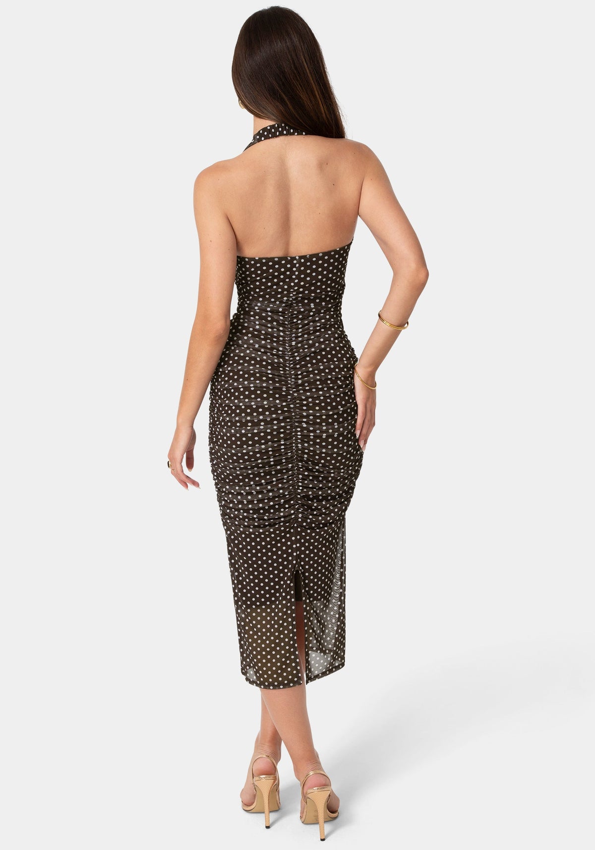 Polka Dot Mesh Shirred Halter Dress Brown White - bebe