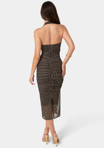 Polka Dot Mesh Shirred Halter Dress Brown White - bebe