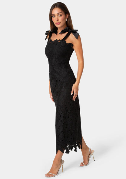 Bow Strap Lace Midaxi Dress Black - bebe