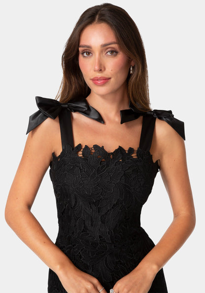 Bow Strap Lace Midaxi Dress Black - bebe