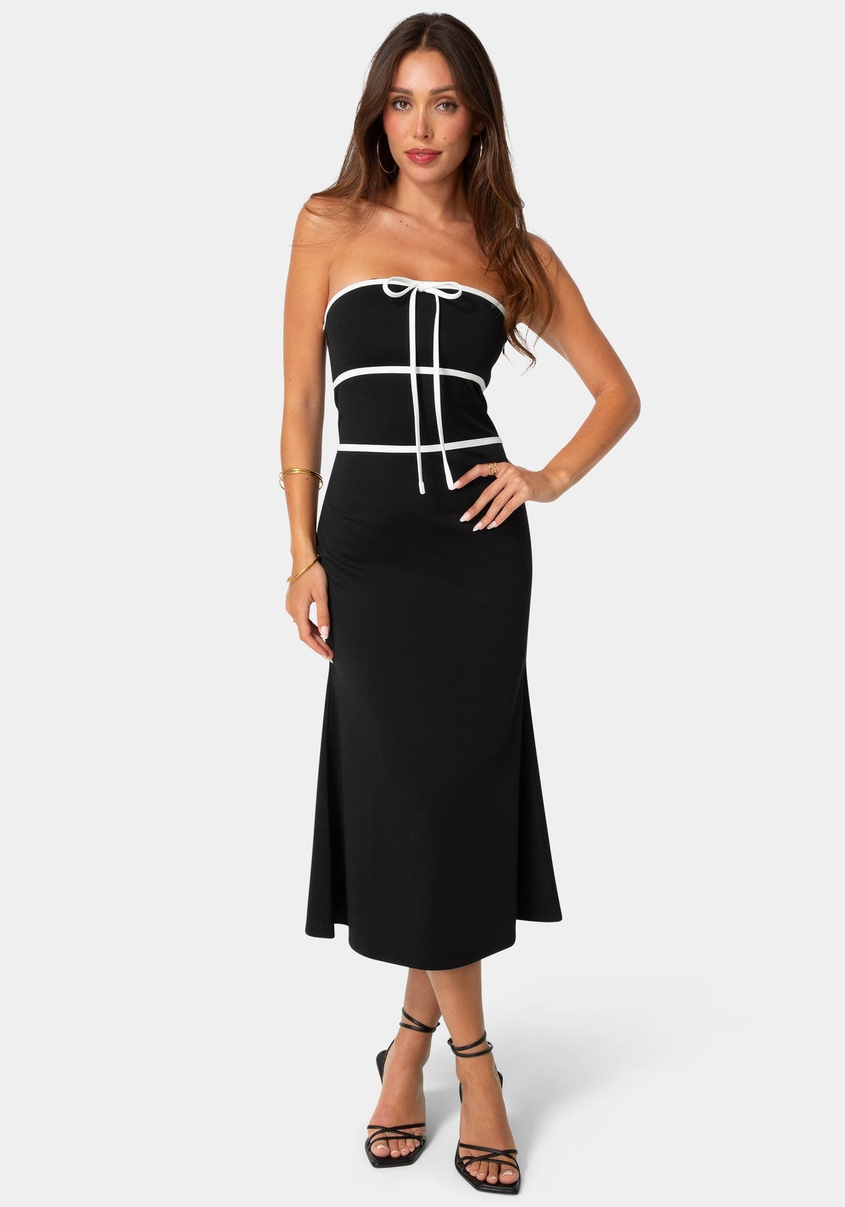 Strapless Tie Detail Midi Flutter Dress Black White - bebe