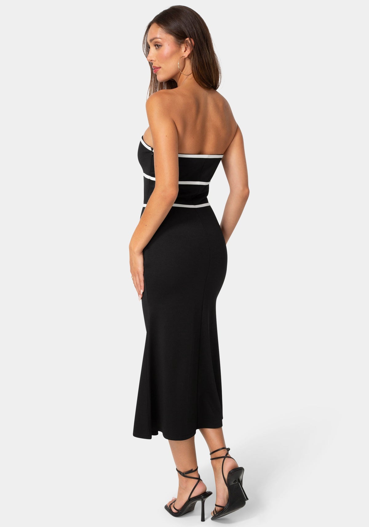 Strapless Tie Detail Midi Flutter Dress Black White - bebe