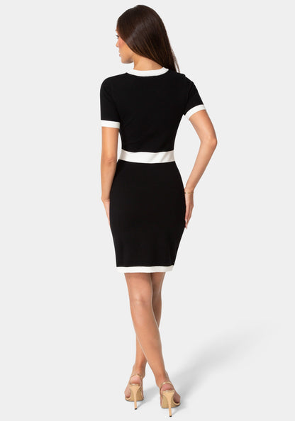 Short Sleeve Button Detail Sweater Dress Black White - bebe
