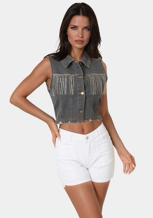 The Cropped Trucker Vest Grey Wash - bebe