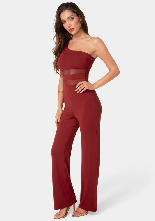 One Shoulder Jumpsuit with Mesh Waist Wine - bebe
