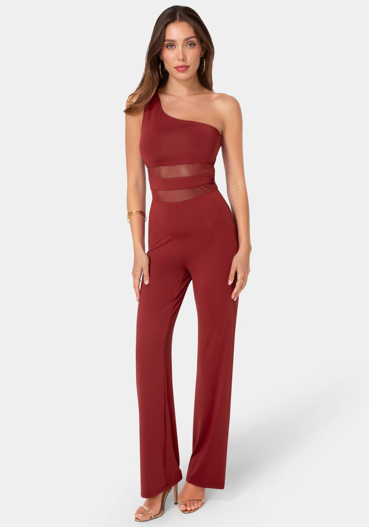One Shoulder Jumpsuit with Mesh Waist Wine - bebe